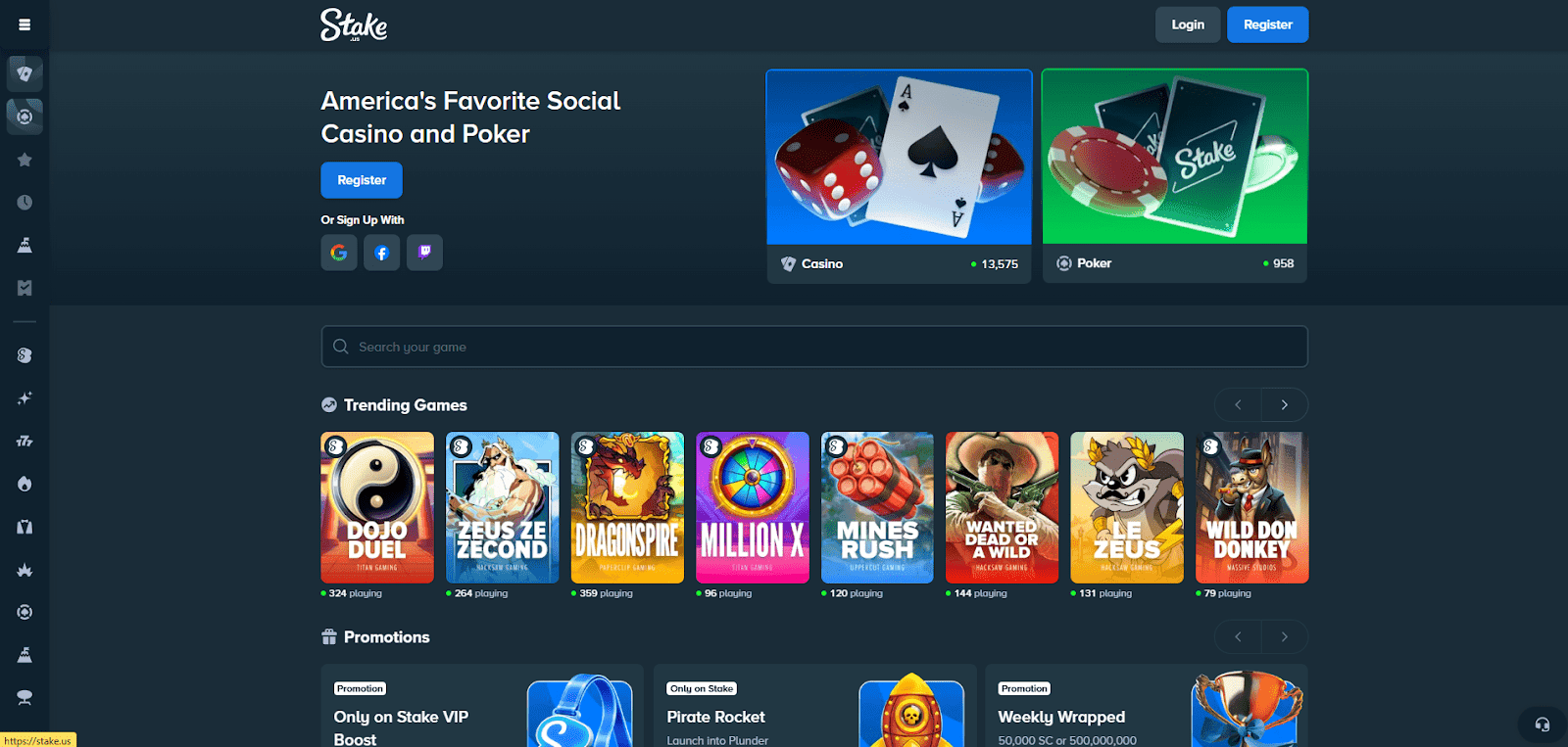 screenshot of a sweepstakes casino homepage