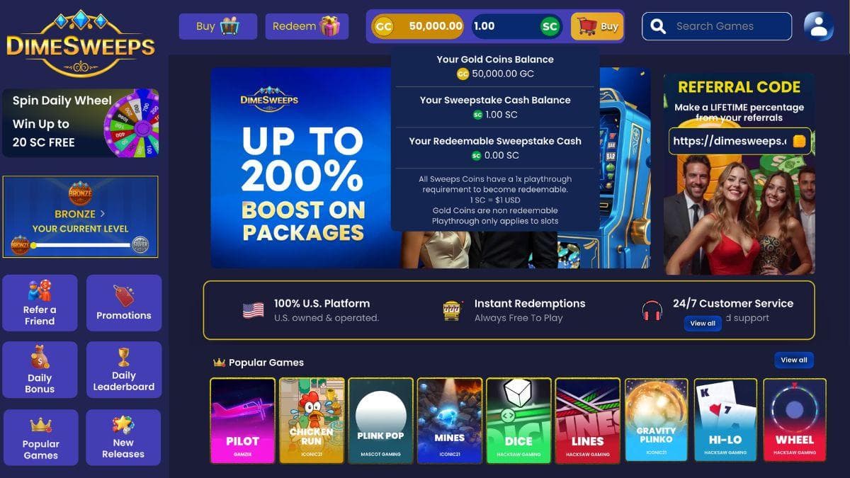dimesweeps casino landing page screenshot