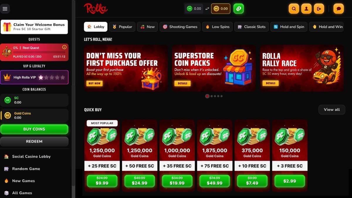 rolla casino landing page screenshot