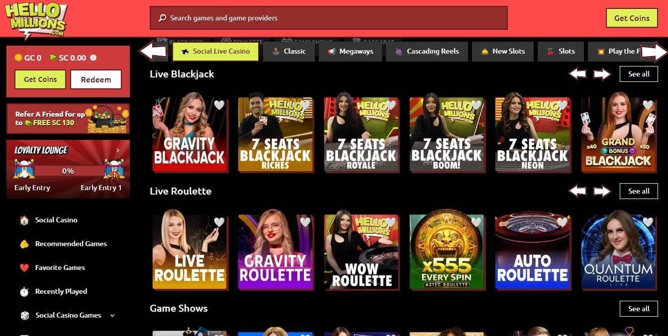 screenshot of hello millions casino website