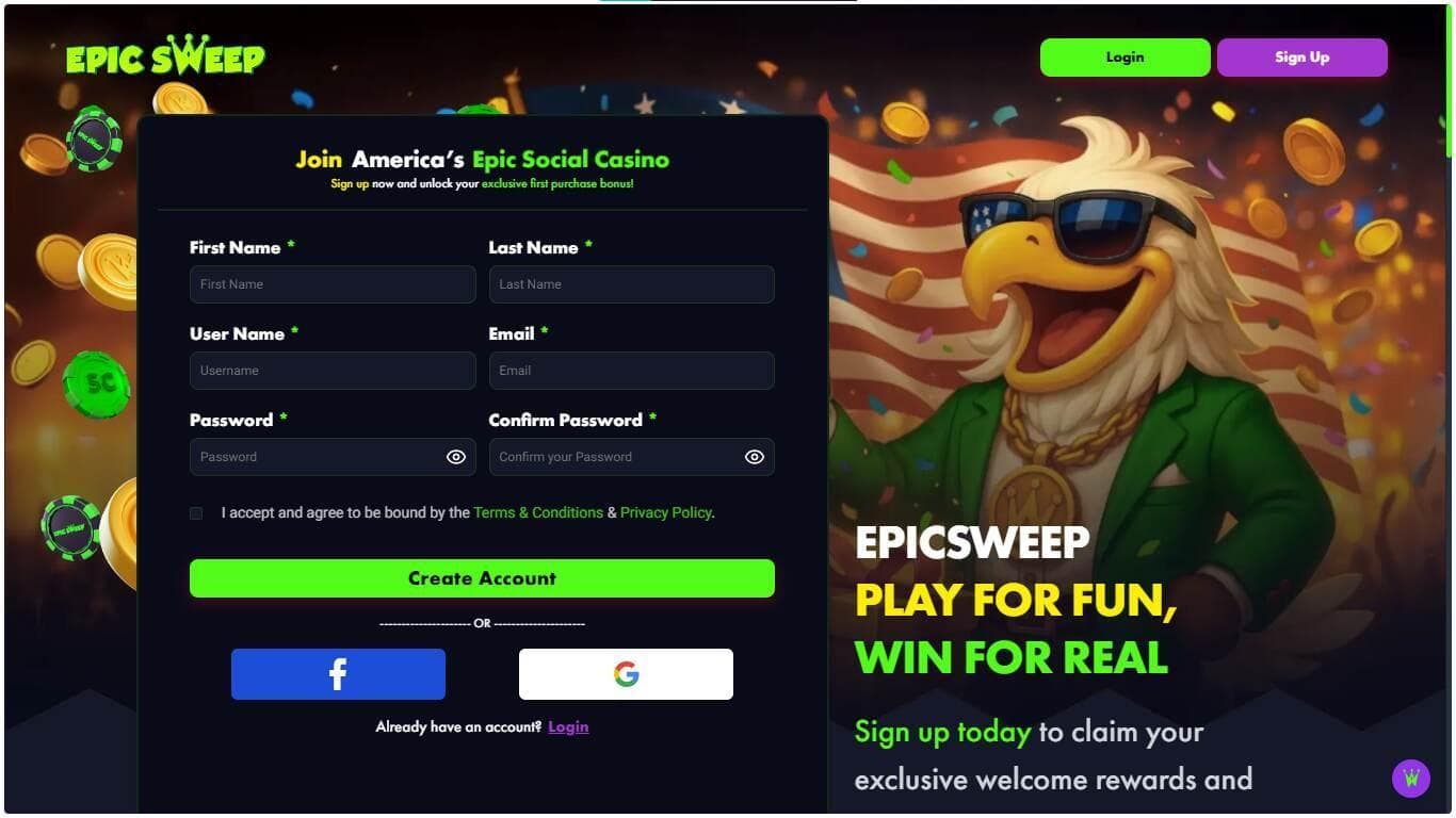 screenshot of epicsweep casino sign up page