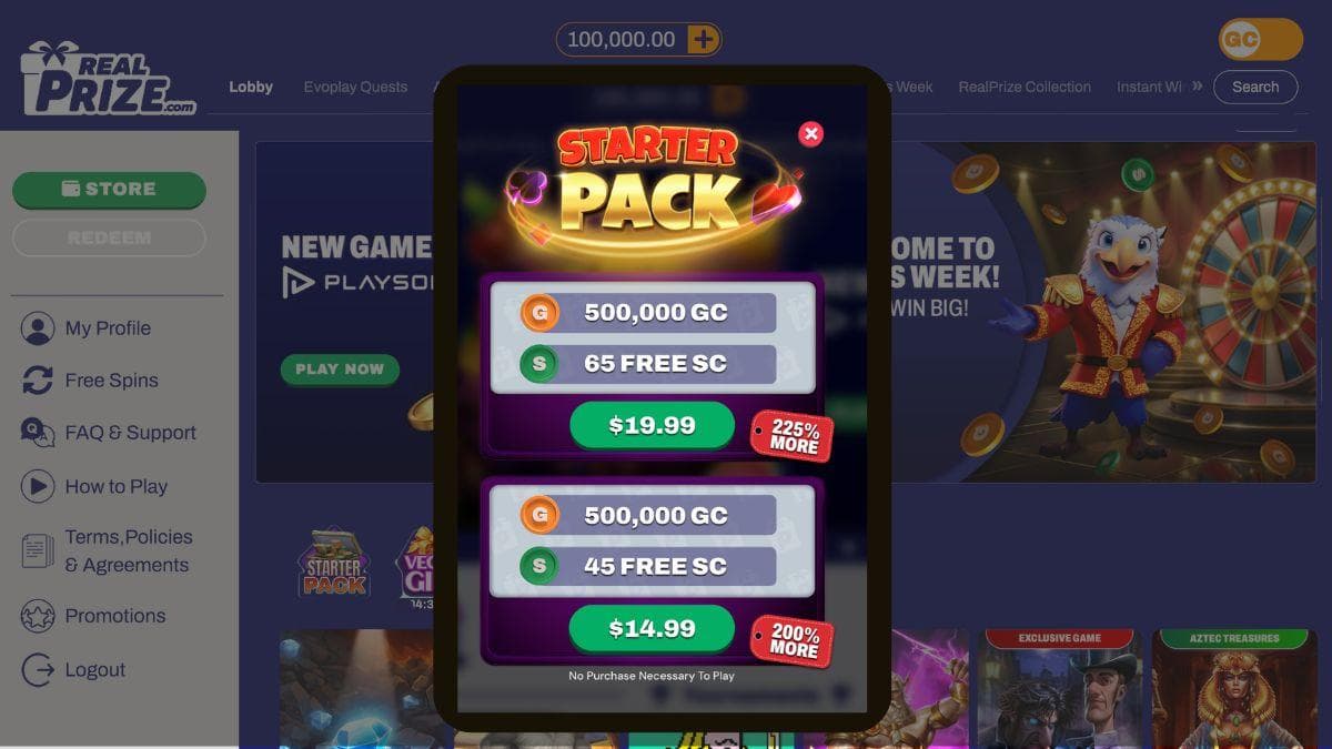 screenshot of realprize site like modo casino