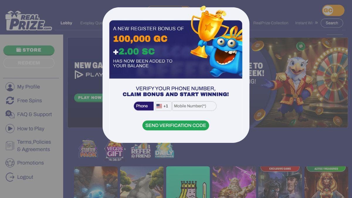 screenshot of realprize casino site like wow vegas