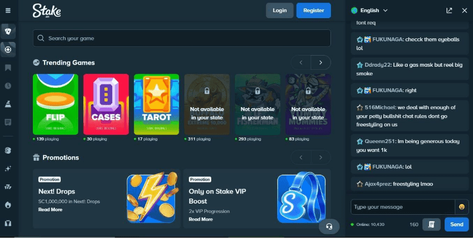 screenshot of stake.us trending games