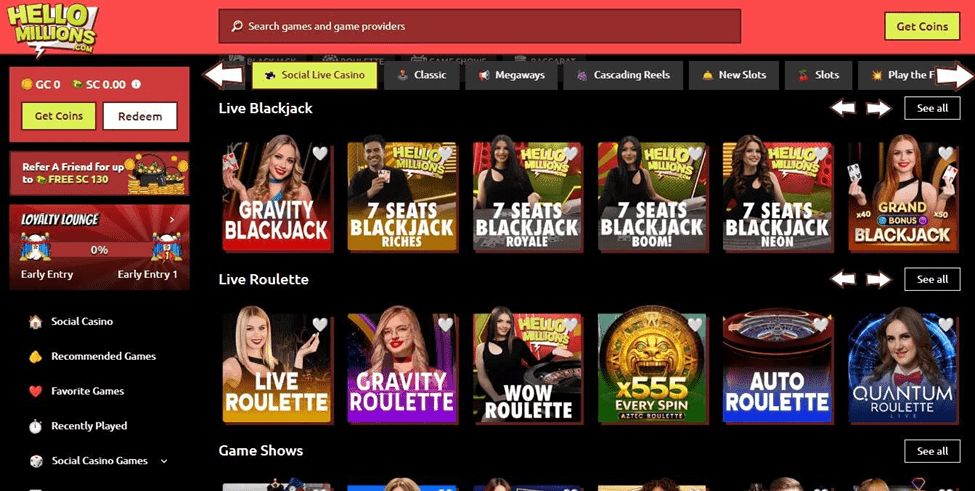 screenshot of hello millions site like luckyland