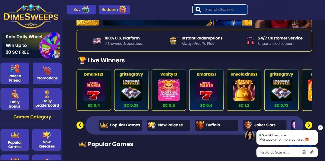 screenshot of dimesweeps site like luckyland