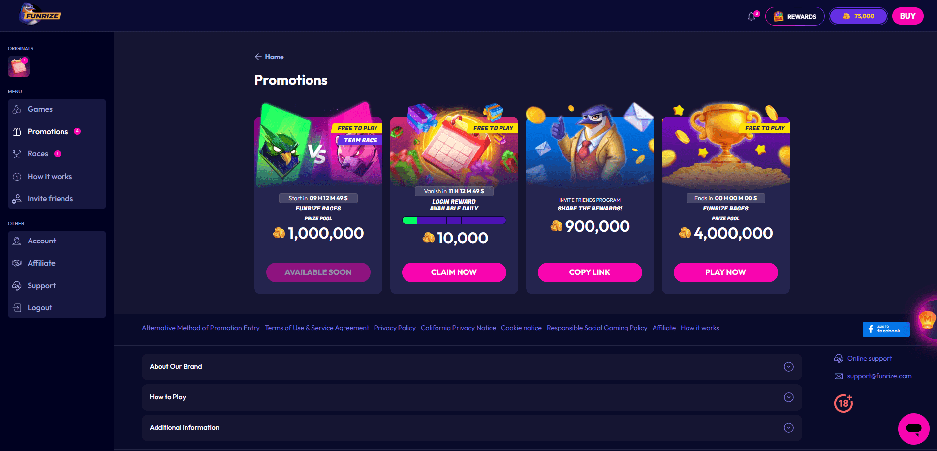 screenshot of Funrize casino promotions