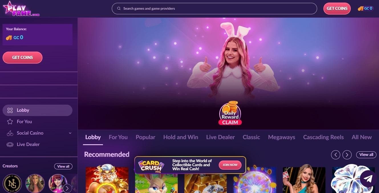 screenshot of playfame casino site