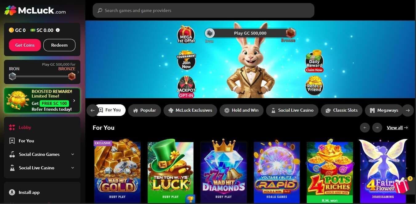 screenshot of mcluck site like luckyland