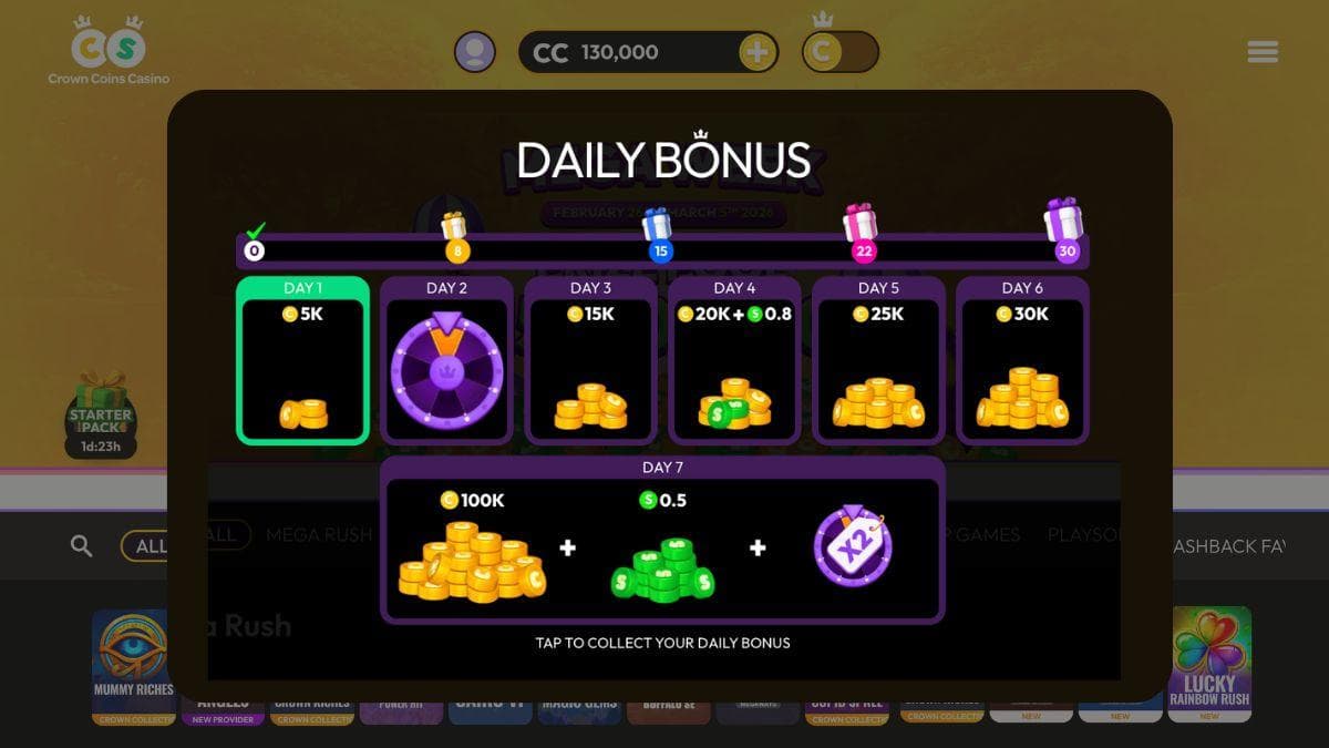 screenshot of crown coins daily bonus