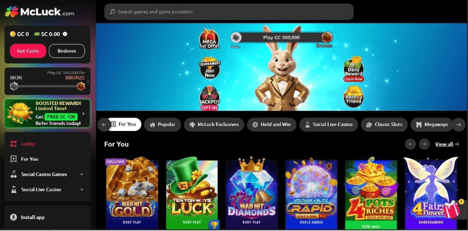 screenshot of mcluck casino home page
