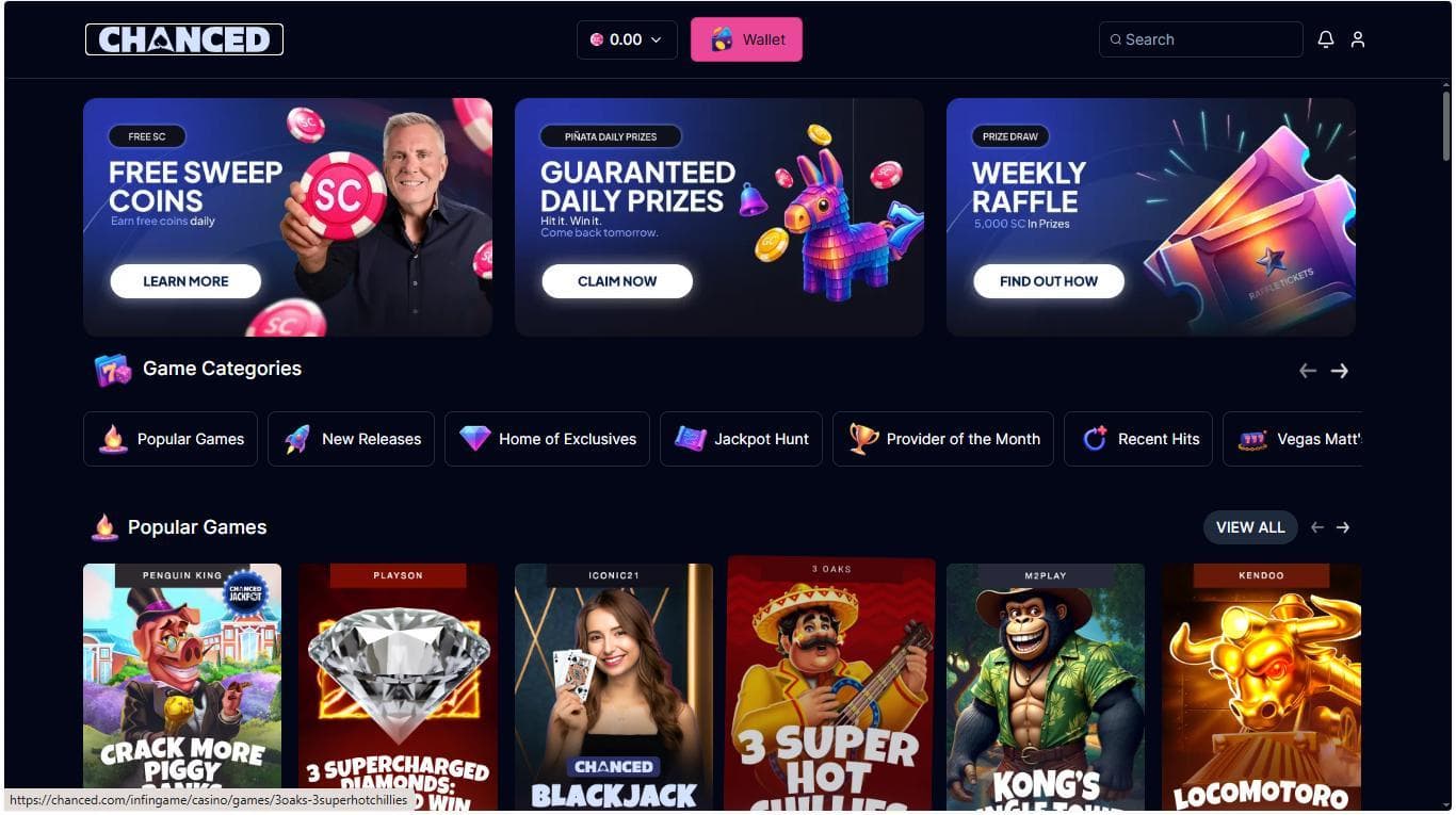 screenshot of chanced casino home page