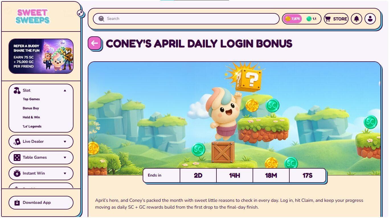 screenshot of sweet sweeps daily login bonus