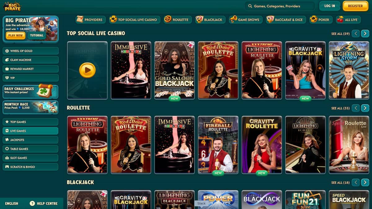 screenshot of bigpirate casino  live casino section