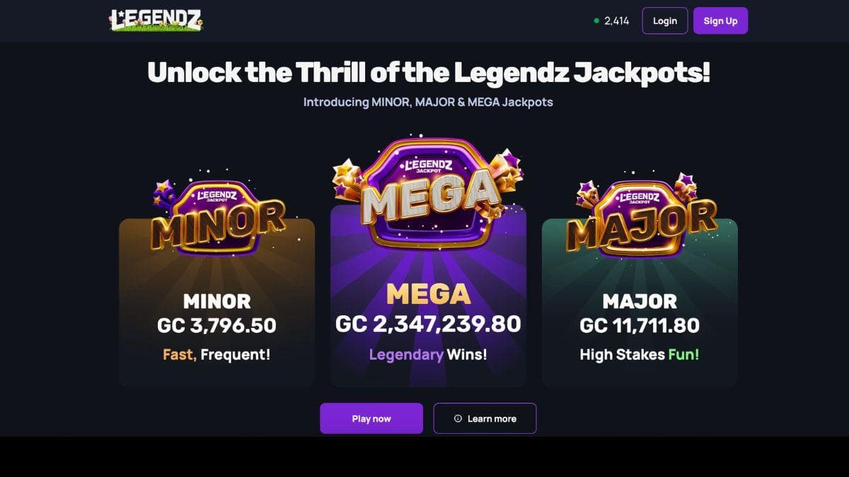 screenshot of legendz casino home page