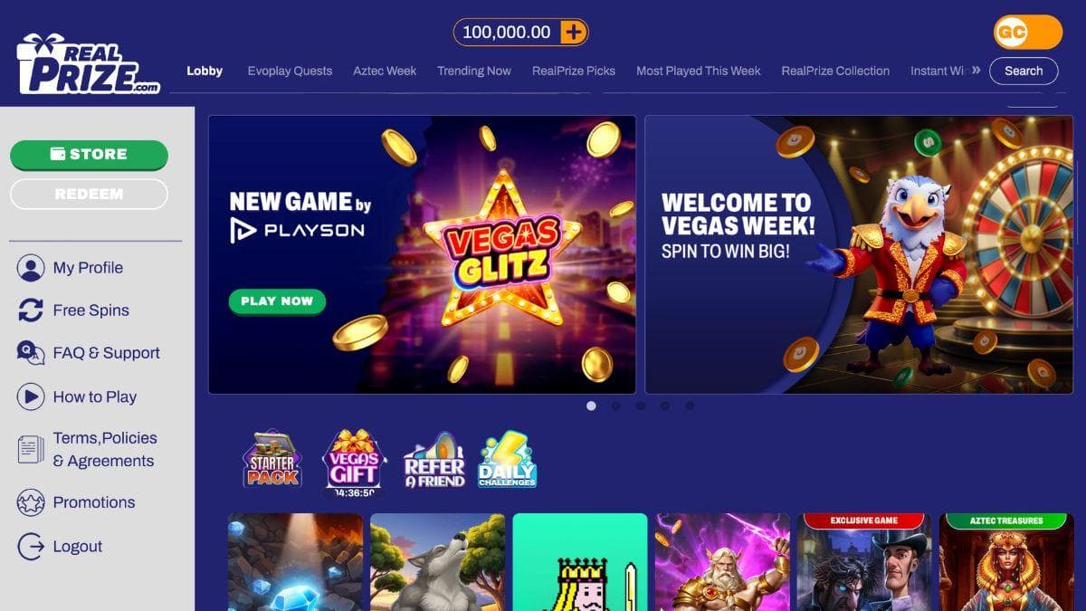 screenshot of realprize casino home page