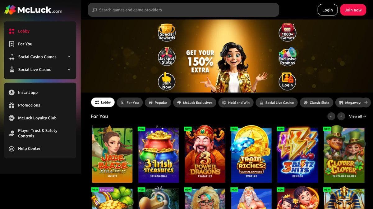 screenshot of mcluck casino home page