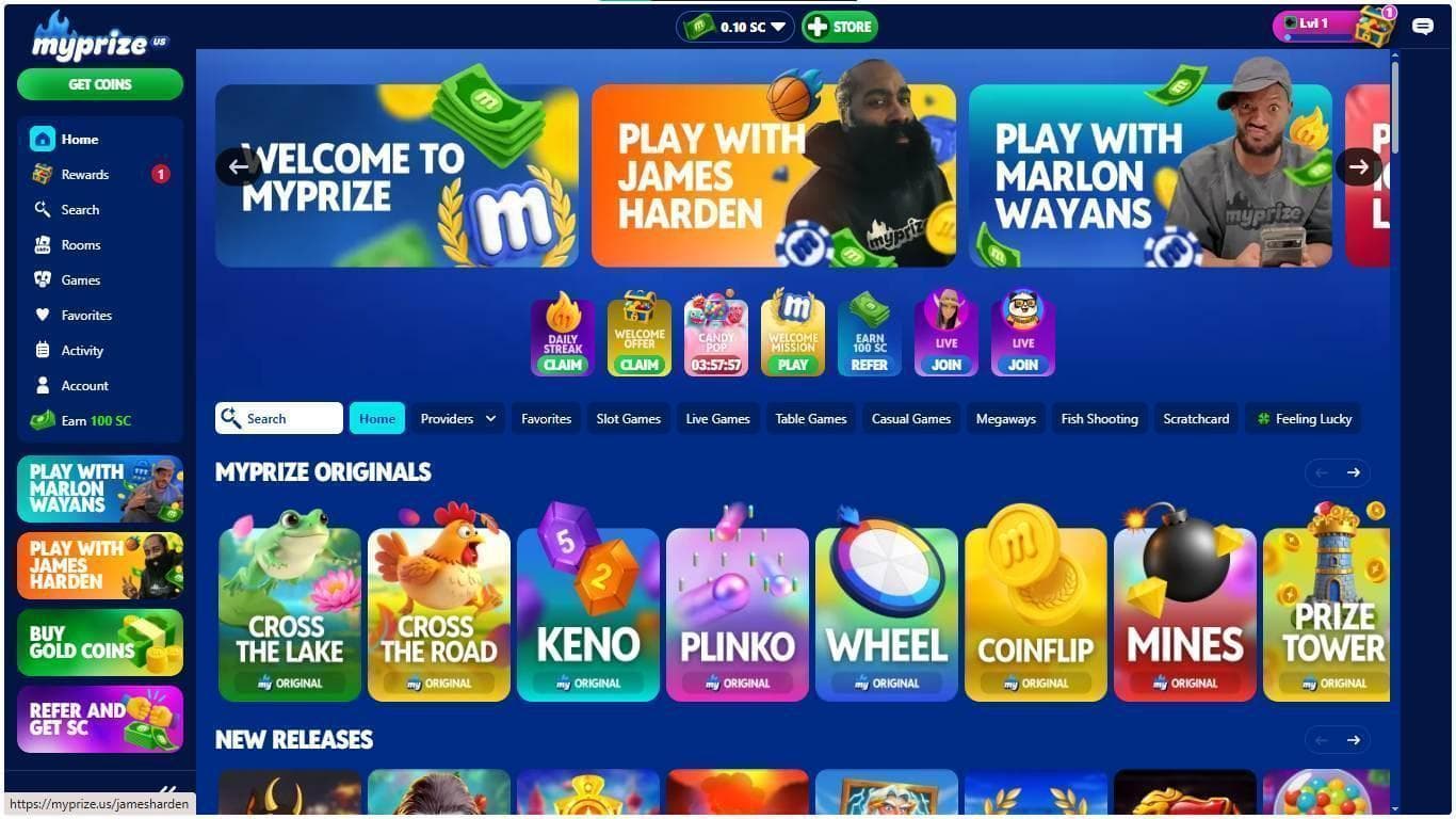 screenshot of myprize casino home page
