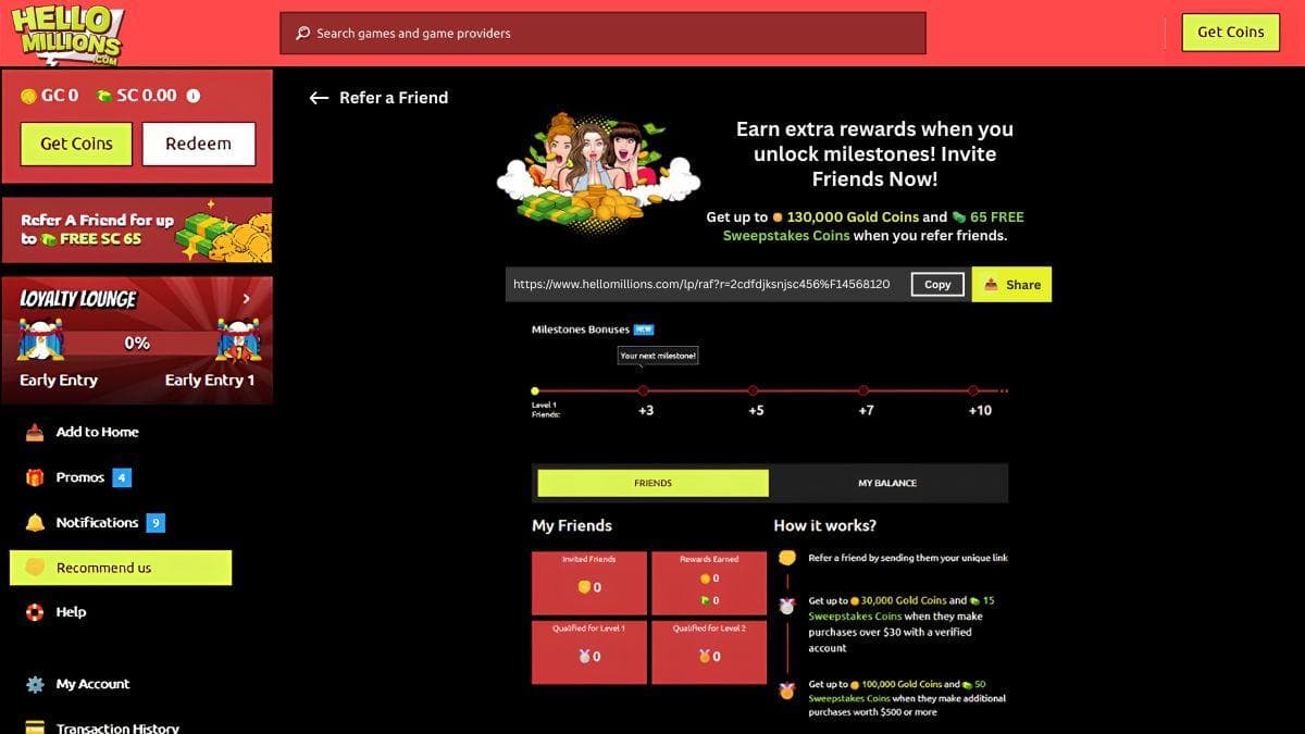 screenshot of hello millions refer a friend bonus page
