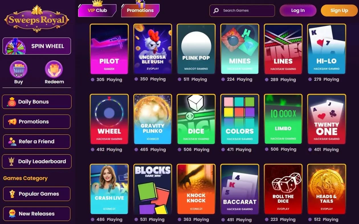 screenshot of sweeps royal games
