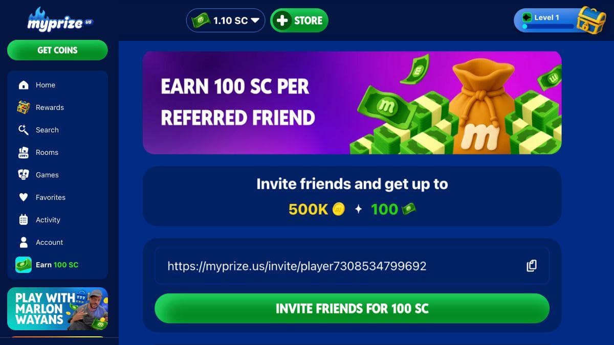 screenshot of myprize casino home page