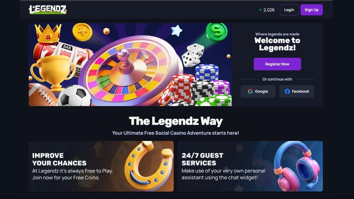 screenshot of legendz casino home page