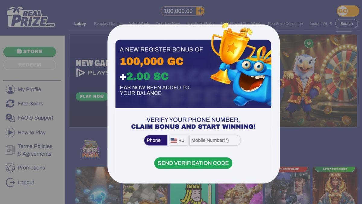 screenshot of realprize casino home page