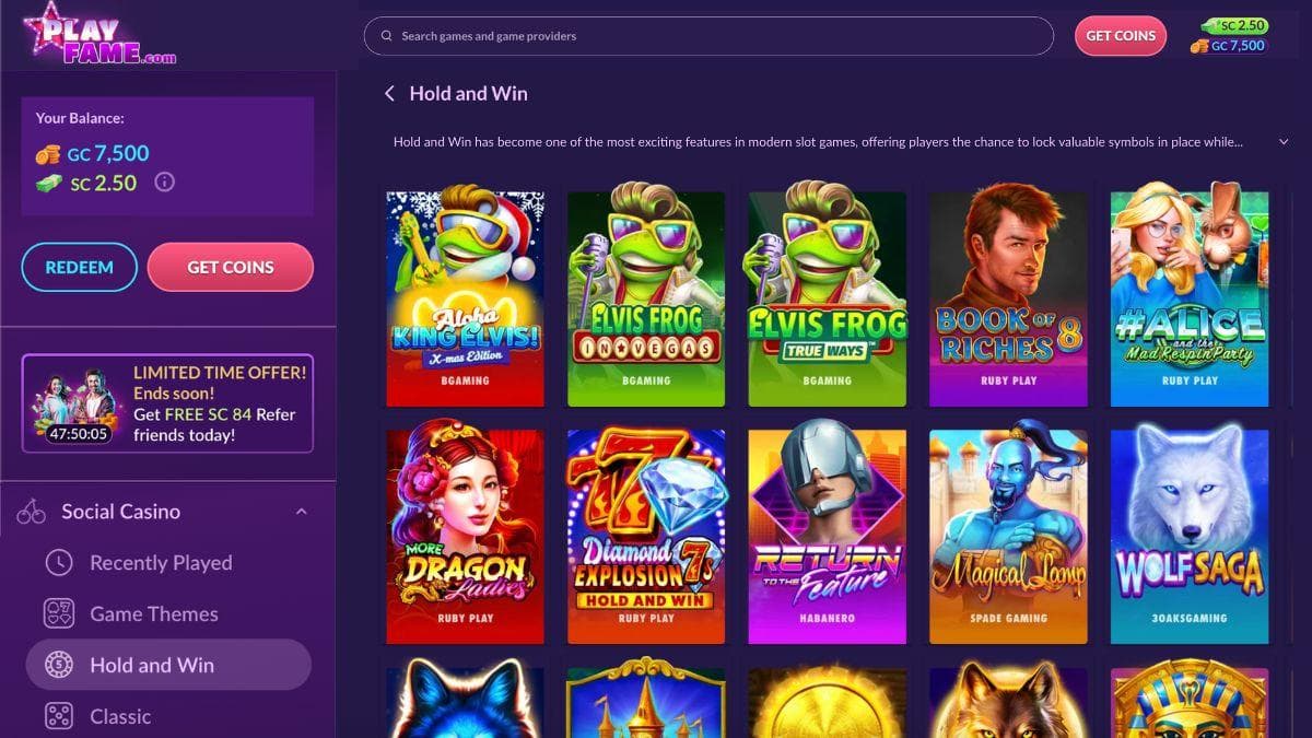 screenshot of playfame games page