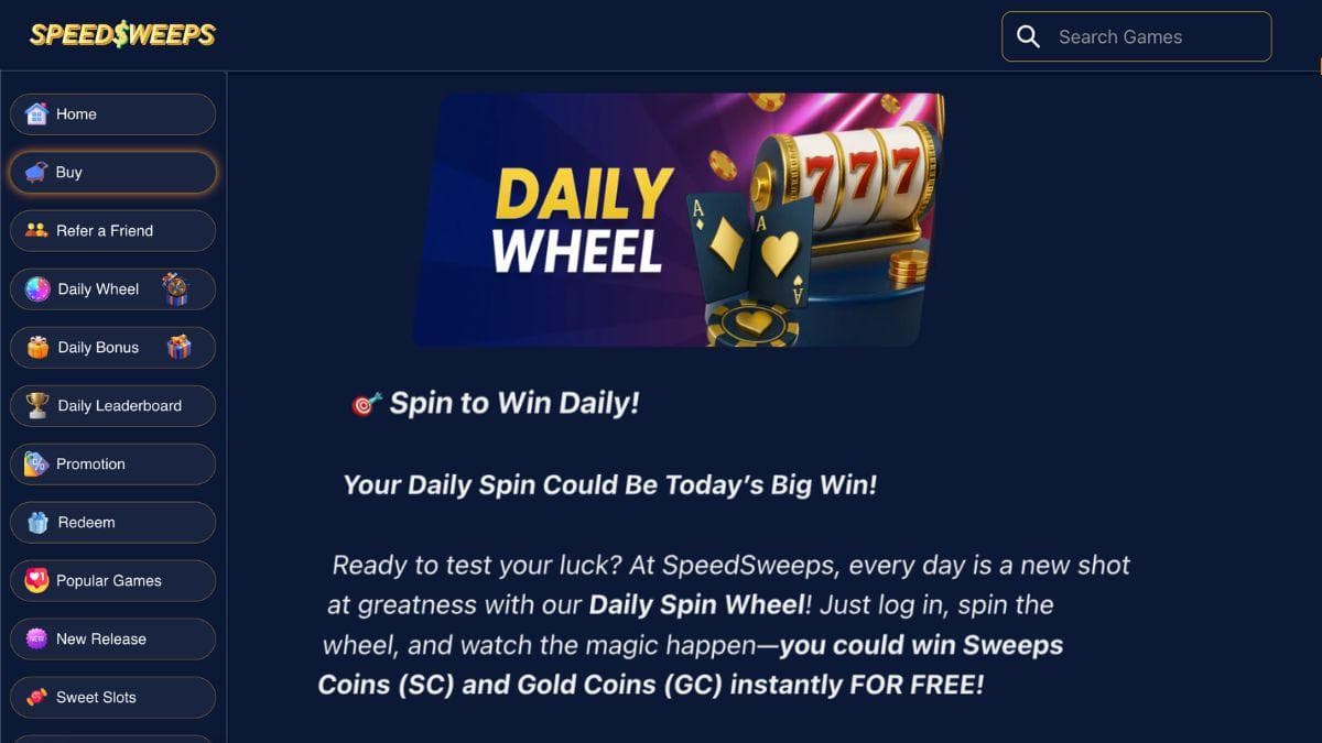 screenshot of speedsweeps daily wheel