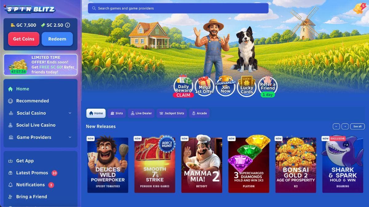 screenshot of spinblitz home page
