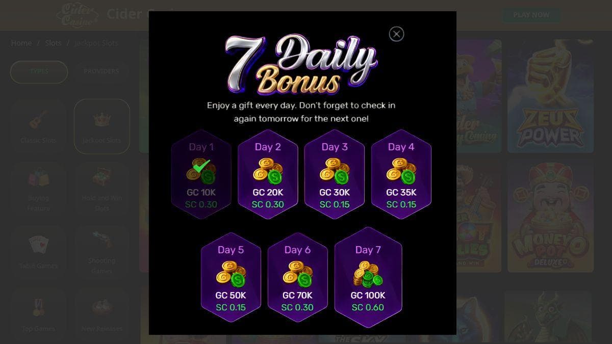 screenshot of cider casino 7 daily bonus