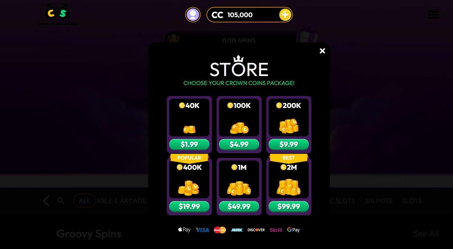 screenshot of crown coins store