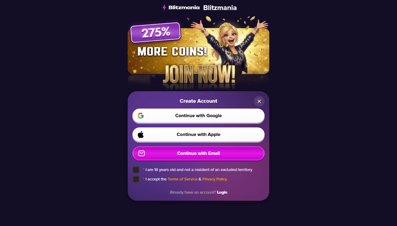 screenshot of blitzmania sign up page