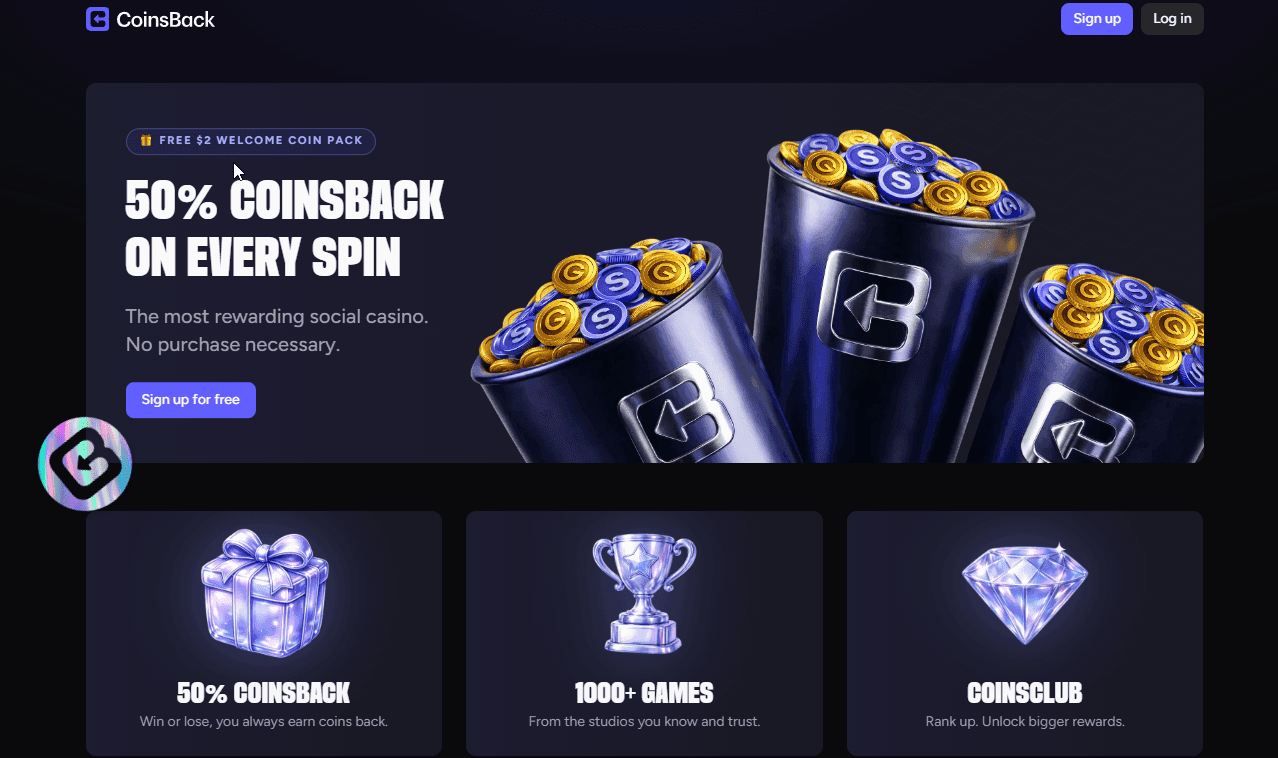 screenshot of coinsback casino home page
