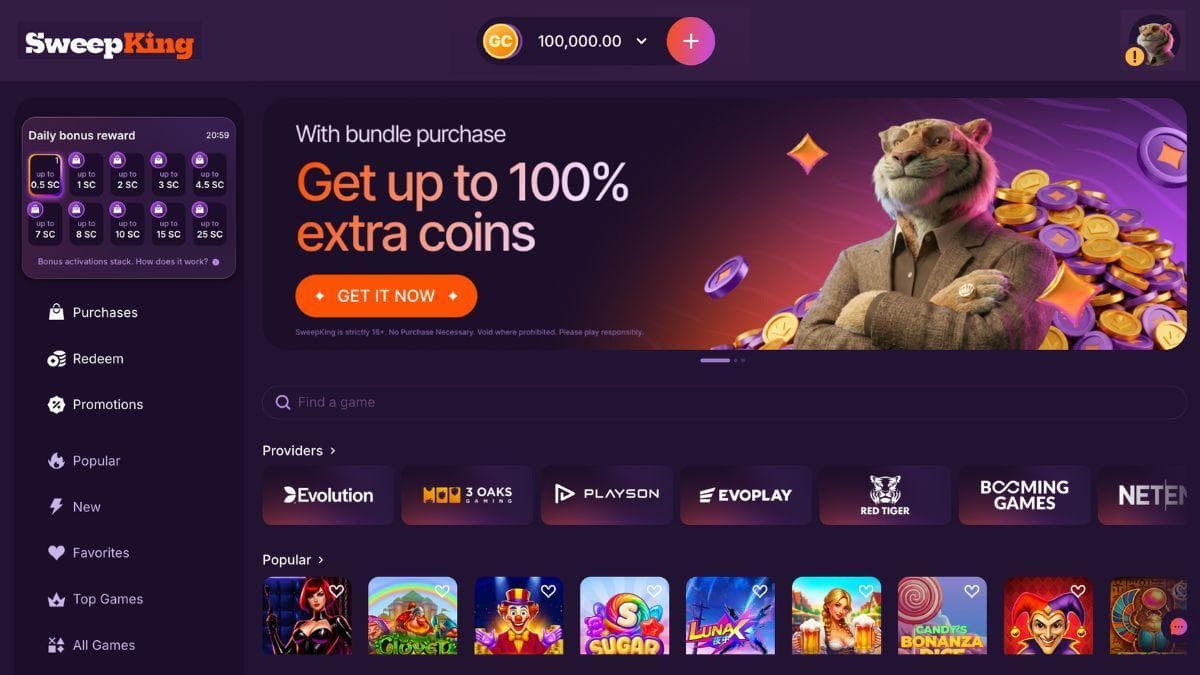 screenshot of sweepking casino review home page