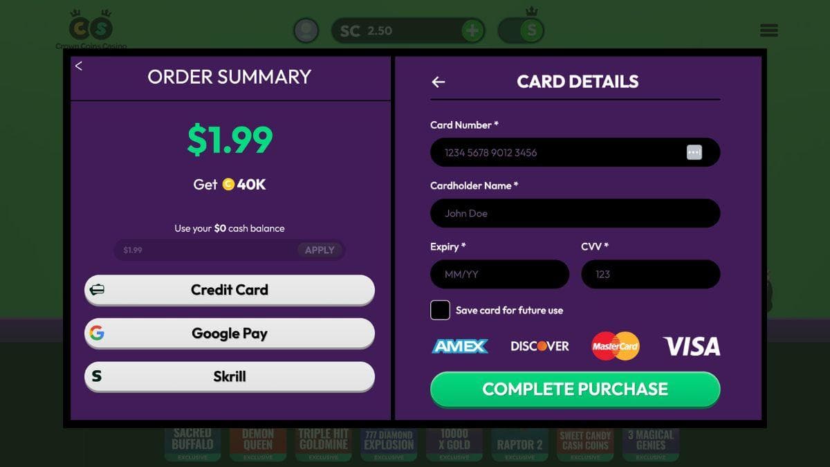 screenshot of crown coins credit card payment method