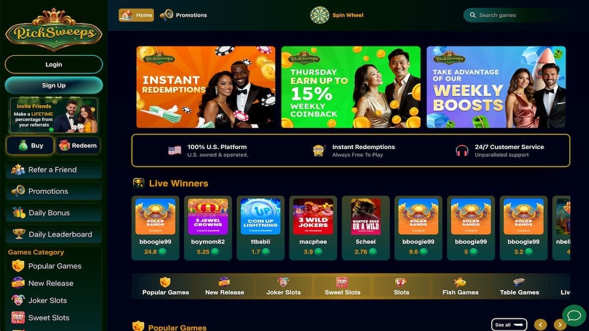 screenshot of rich sweeps home page