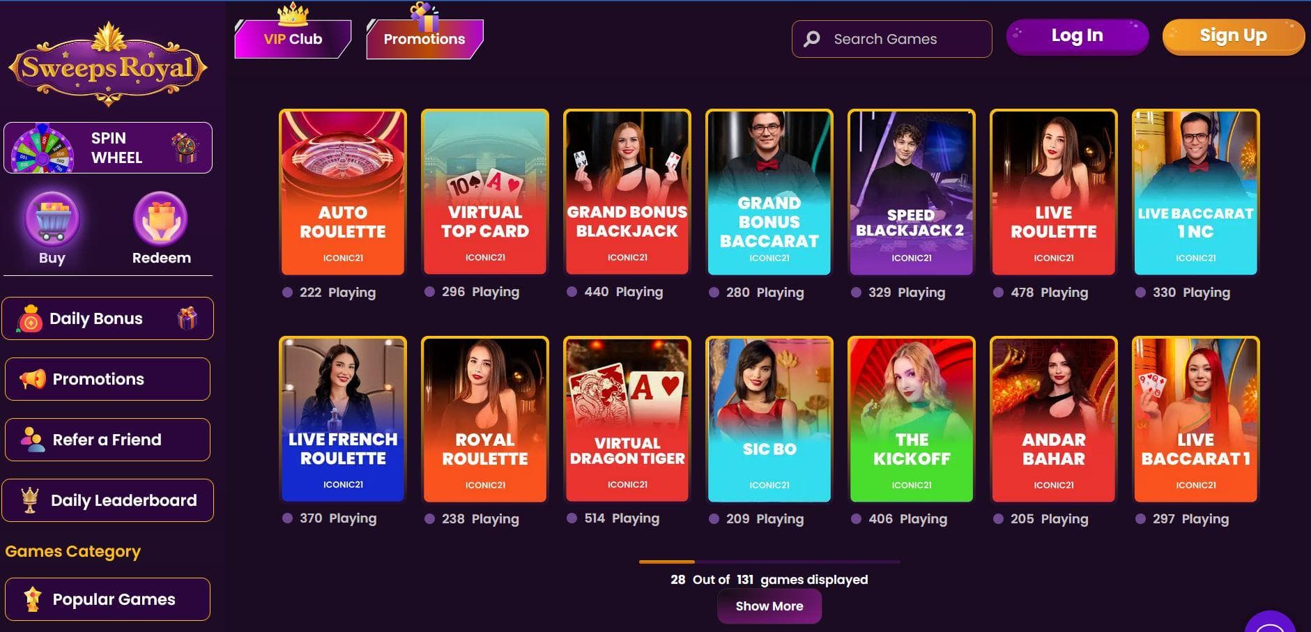 screenshot of sweepsroyal casino home page