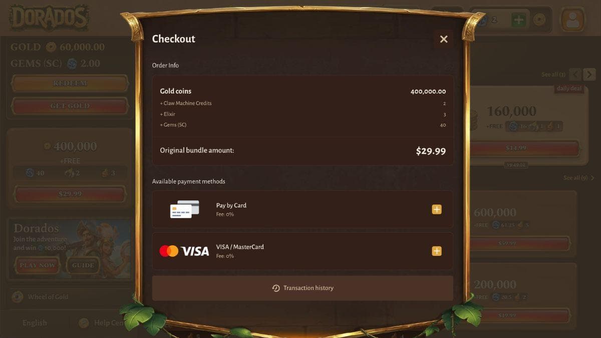 screenshot of dorados prepaid credit card payment method