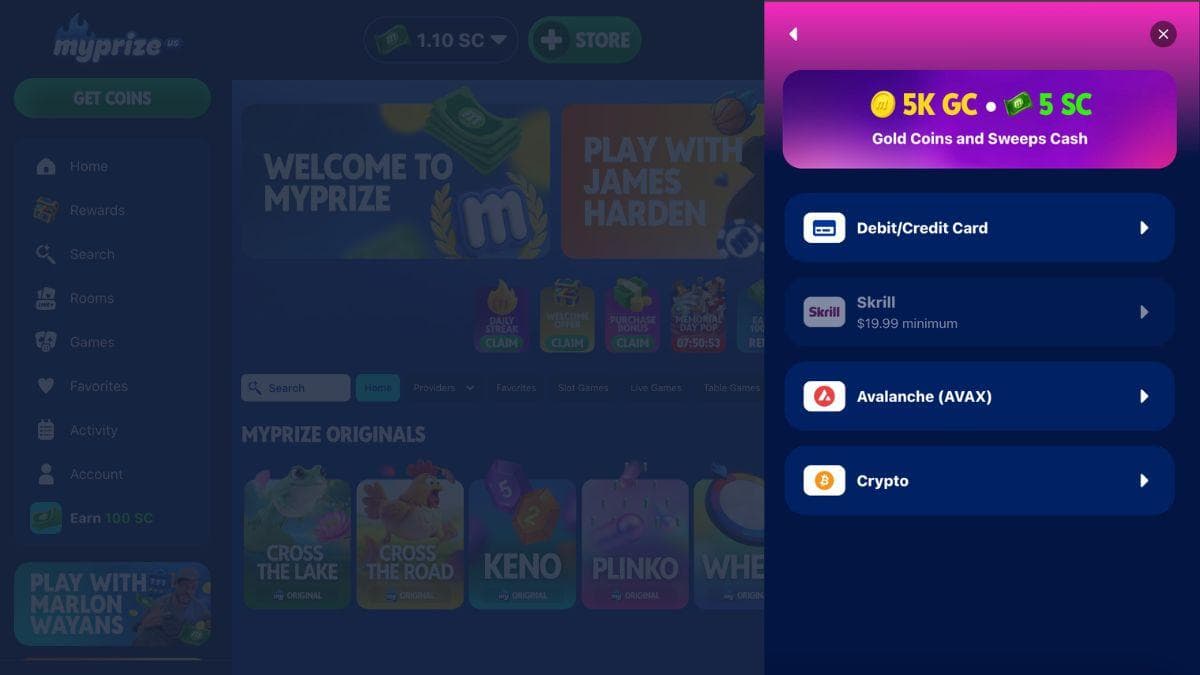 screenshot of myprize credit card payment method