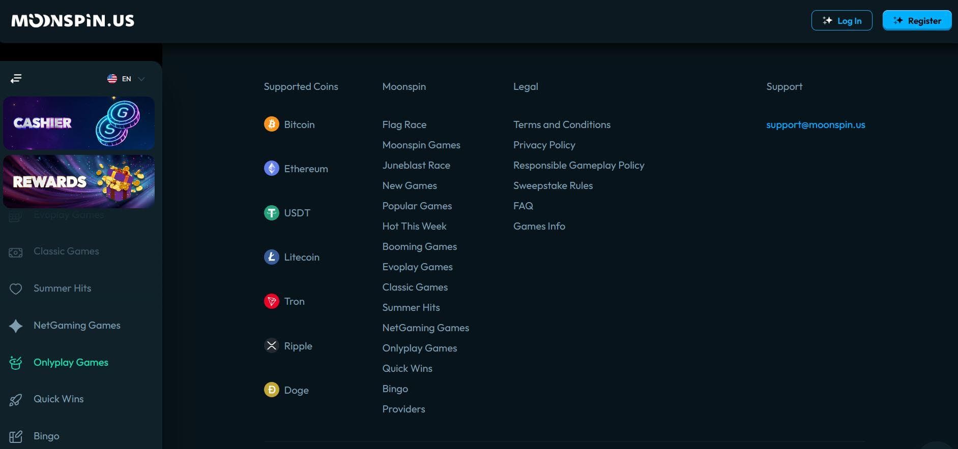 screenshot of moonspin.us payment methods