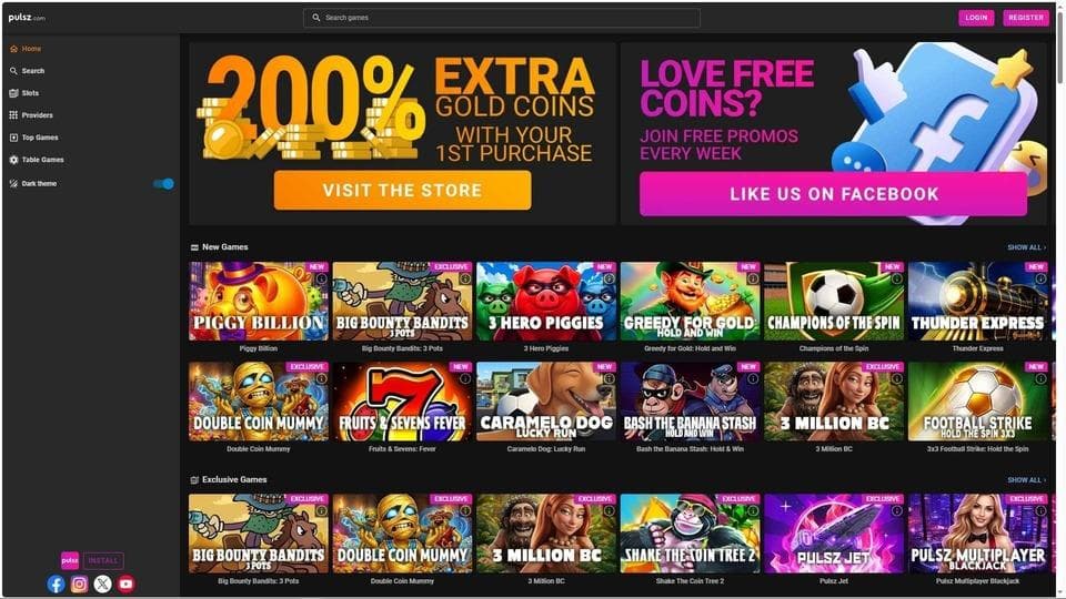 screenshot of pulsz casino home page