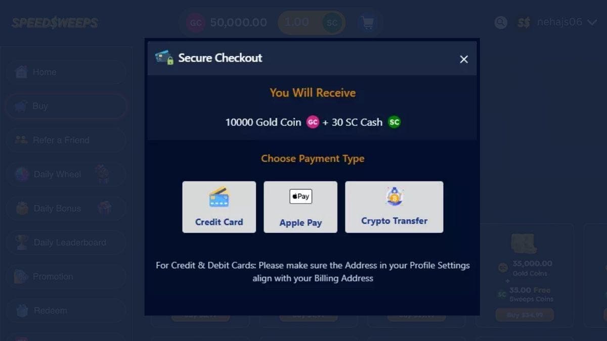 screenshot of speedsweeps credit card payment method