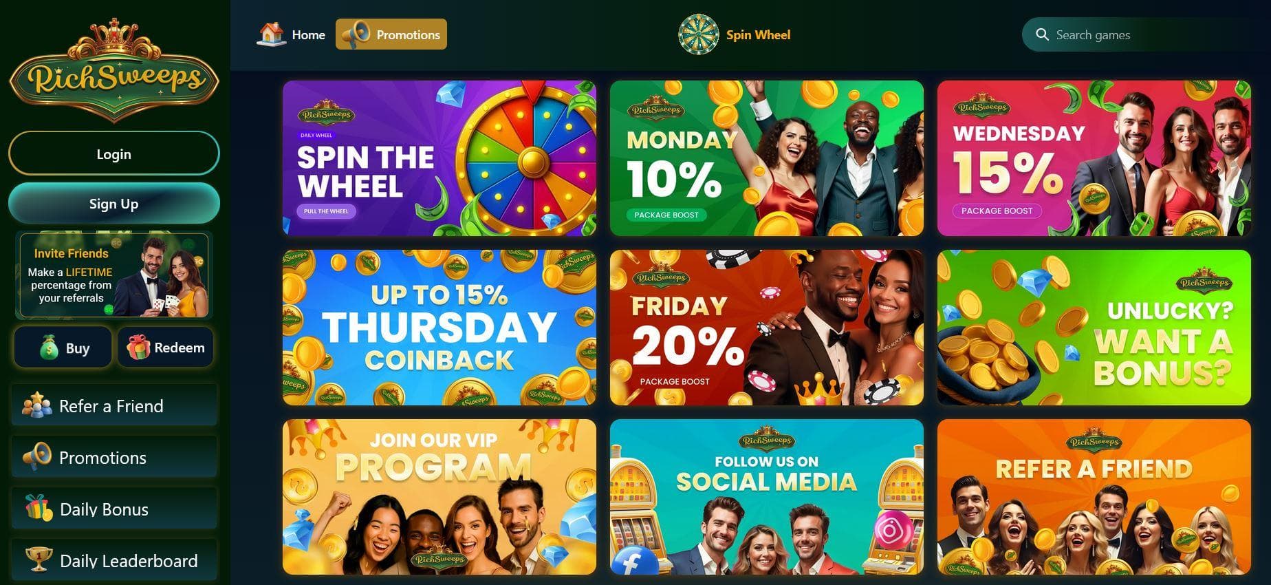 screenshot of rich sweeps casino home page