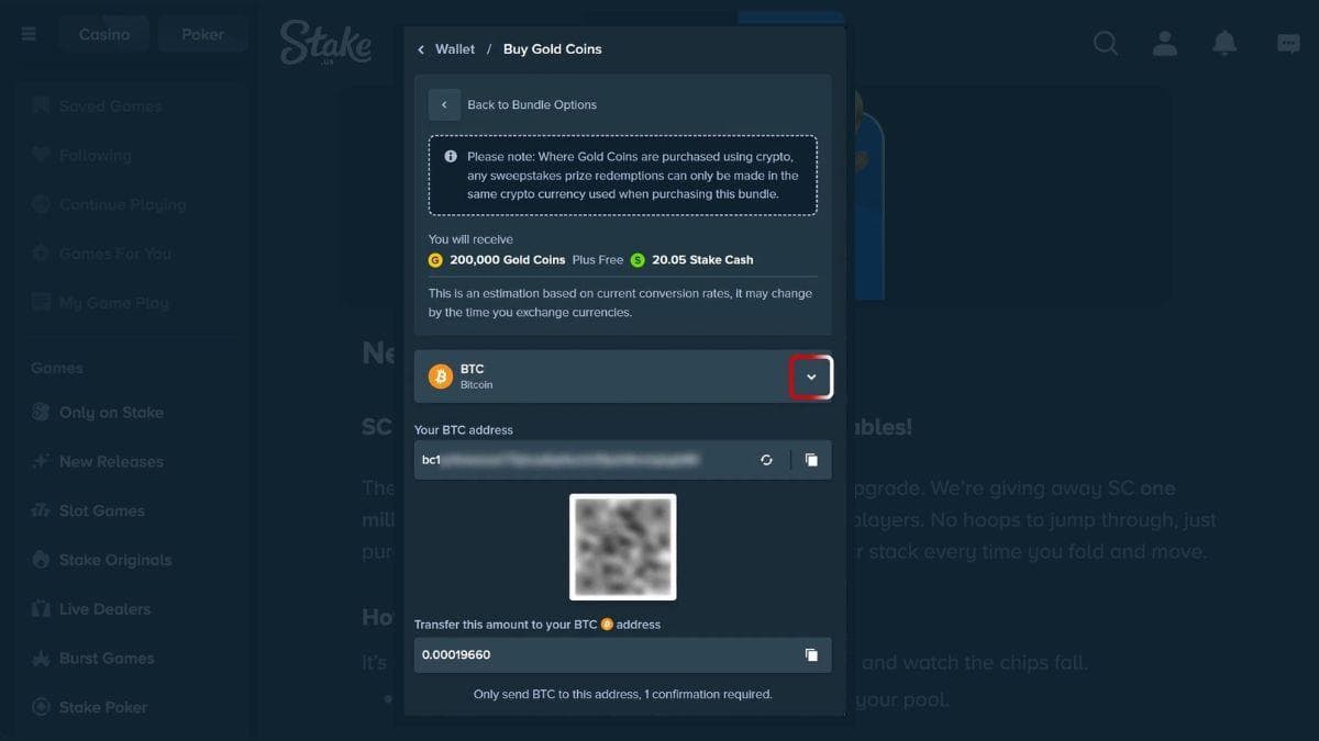 screenshot of stake.us payment method