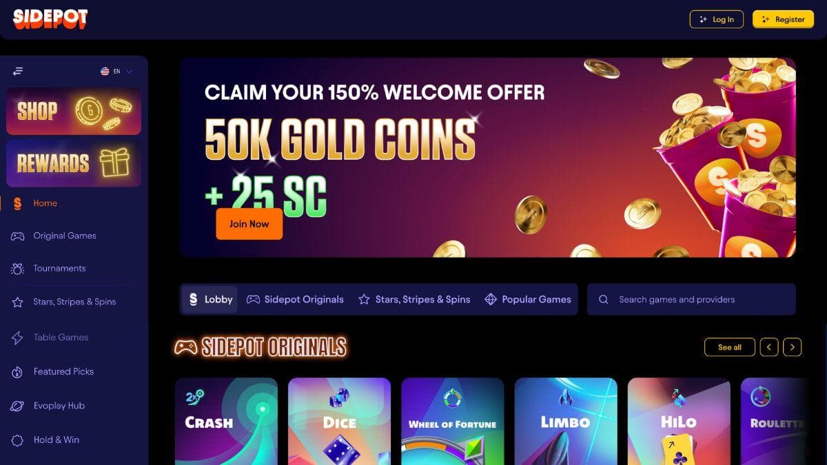 screenshot of sidepot casino home page