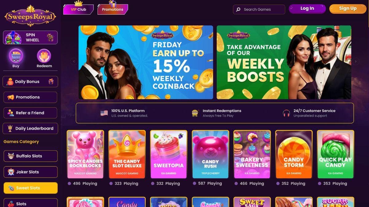 screenshot of sweepsroyal home page