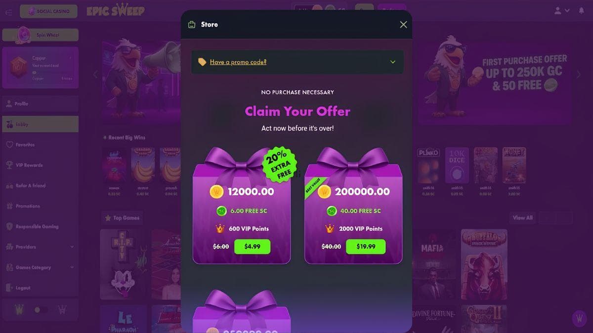 screenshot of epicsweep casino offer page