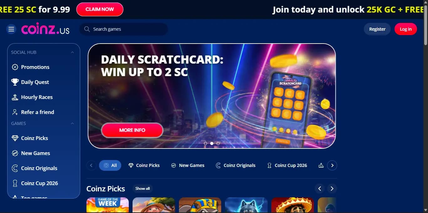 screenshot of coinz.us casino home page