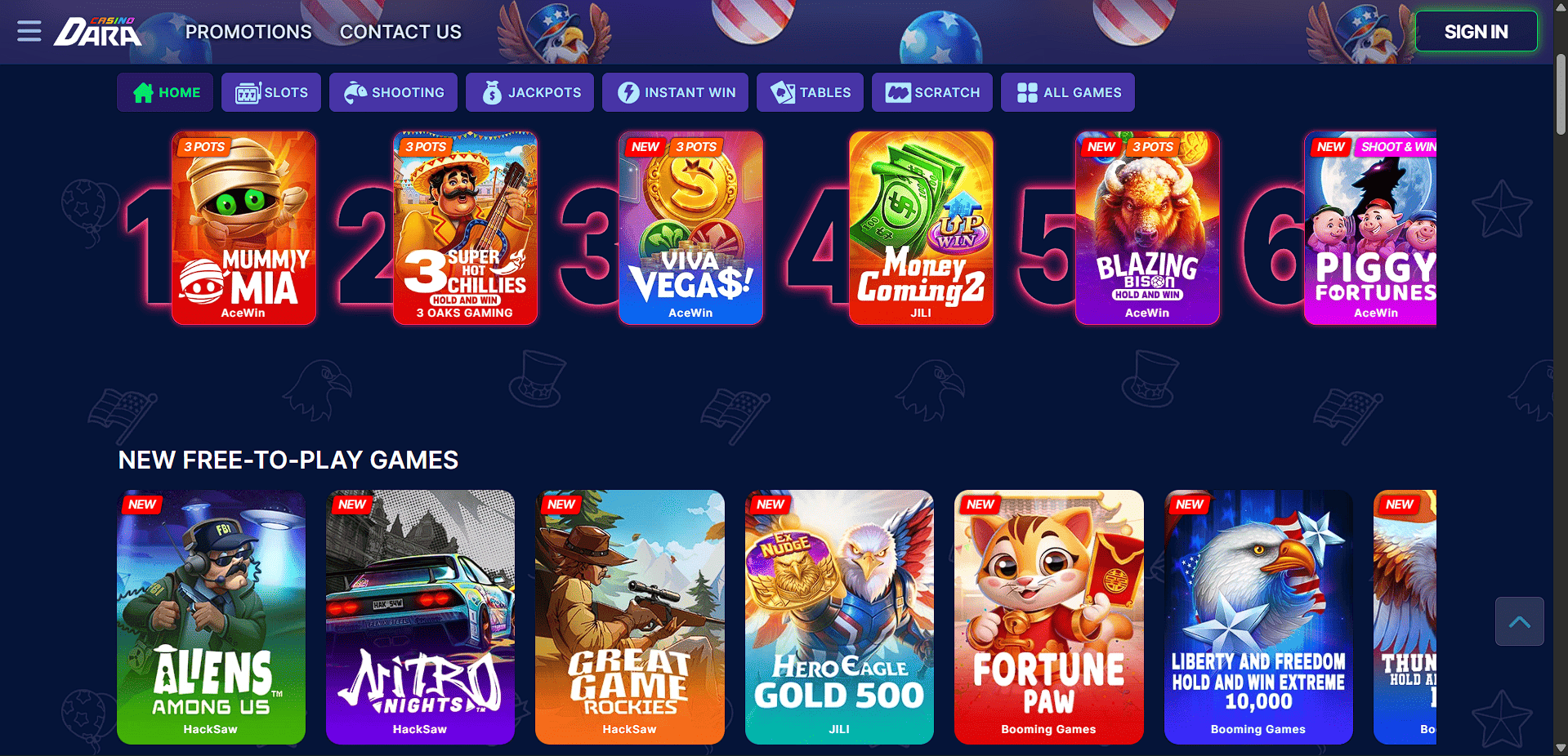 screenshot of dara casino home page
